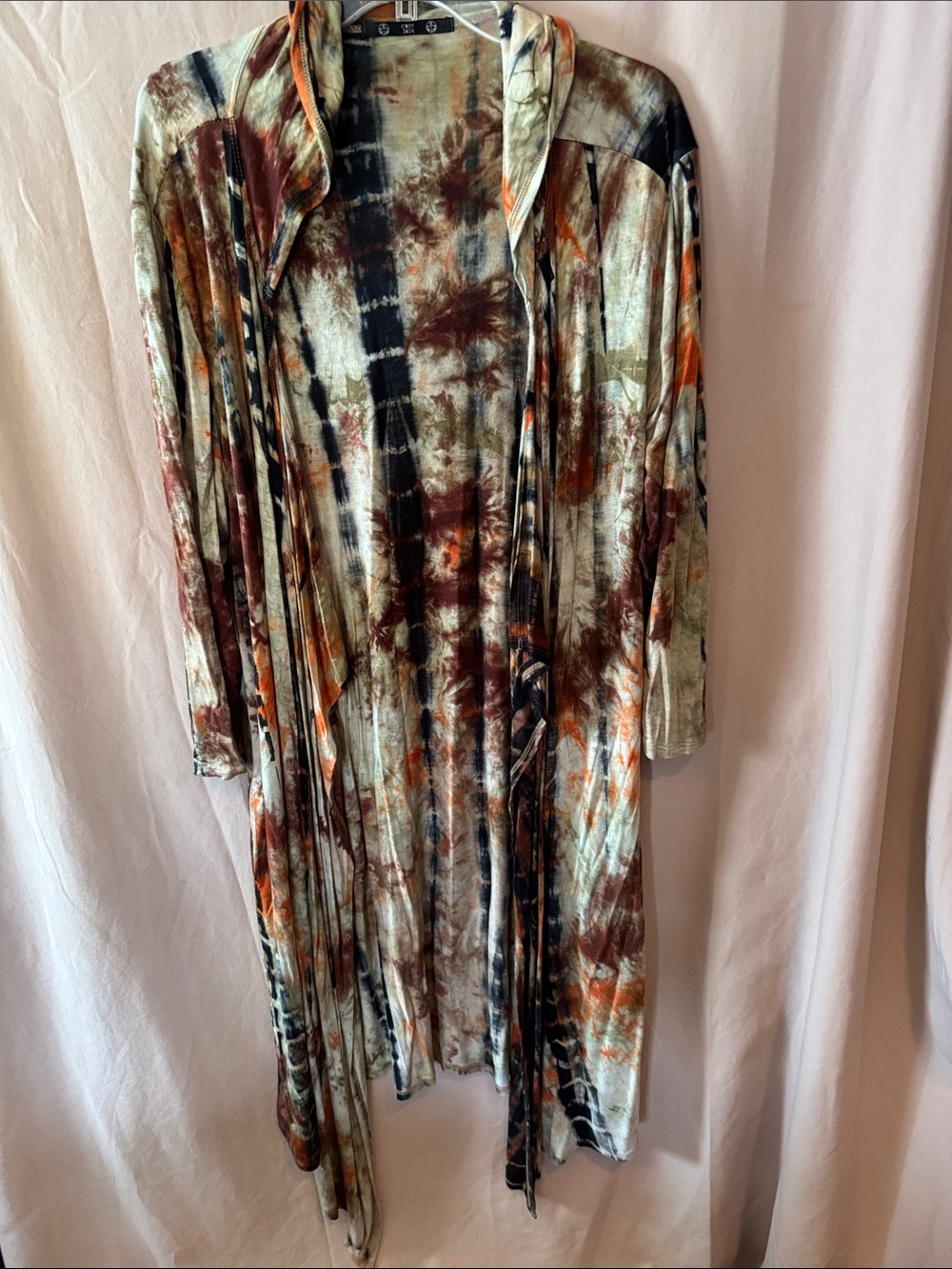Tie-Dye Long Open Cardigan in Cream, Brown & Orange